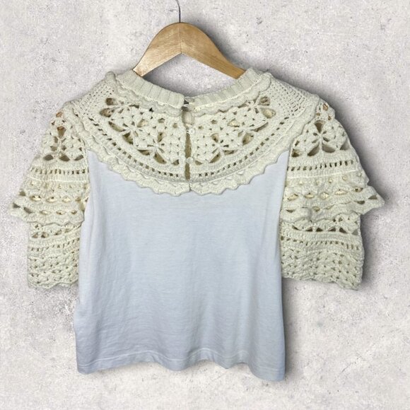 NEW Sea New York Crochet Puff Sleeve White T-Shirt Size Small Tee Shopbop Boho S - Picture 6 of 12